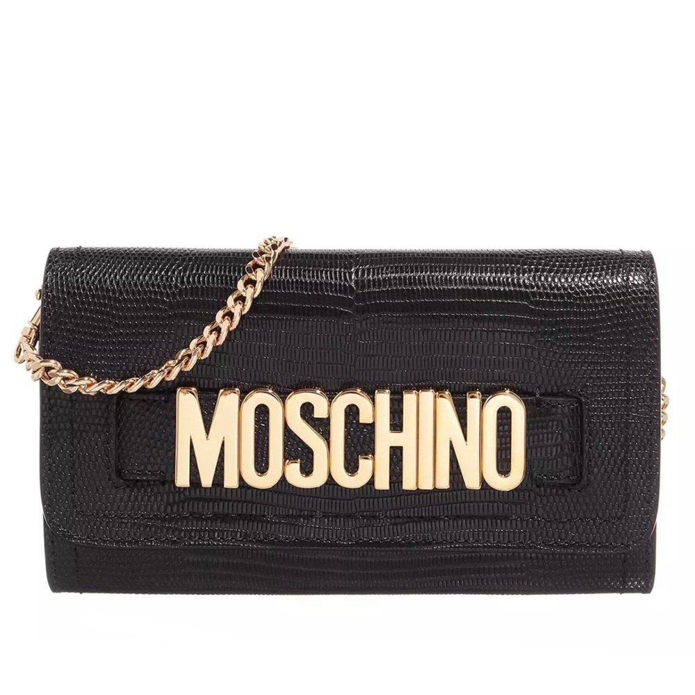 Moschino Embossed Leather Logo Wallet Chain Black